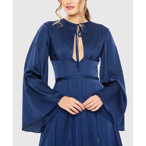 Mac Duggal Charmeuse Soft Tie Keyhole Bell Sleeve Gown Midnight Sz 4 NWOT 68308 - Picture 3 of 16